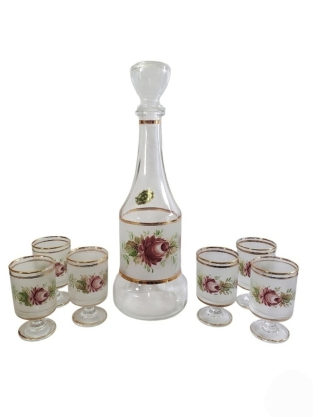 Cristallerie Hand-Painted Decanter & Glass Set MCM 1960s Made in Italy Vintage
